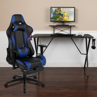 Flash Furniture BLN-X30RSG1031-BL-GG Black Gaming Desk with Cup Holder/Headphone Hook and Monitor/Smartphone Stand & Blue Reclining Gaming Chair with Footrest